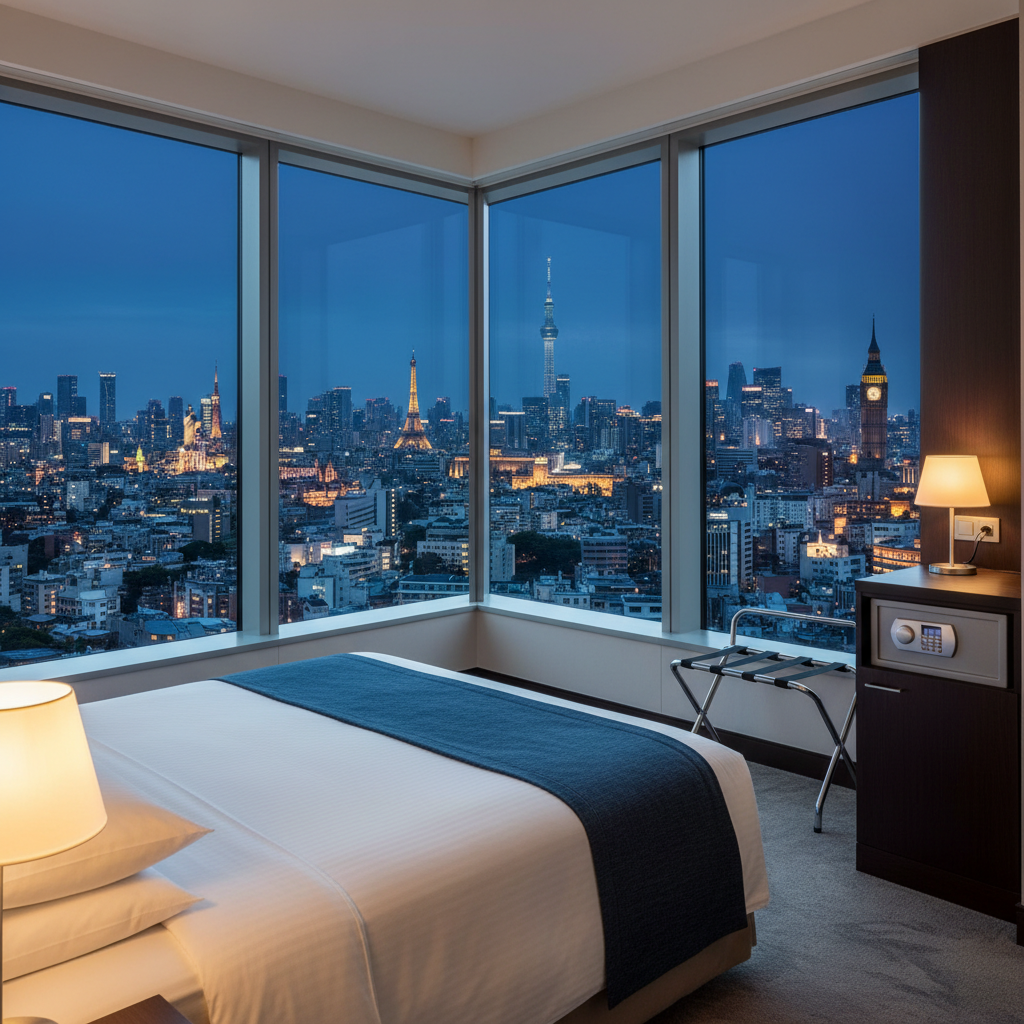 A large, floor-to-ceiling window in a high-rise hotel room reveals a sweeping, crystal-clear view of an illuminated international city skyline at twilight, with iconic landmarks from different regions subtly blended into a single cohesive panorama. Inside, a neatly made bed with crisp white linens and a navy throw blanket faces the window, while a small, closed safe and a discreet, modern luggage stand sit in the corner, symbolizing security and order. The city’s cool blue and golden lights cast a gentle glow into the room, complemented by soft, warm bedside lamps. Photographed from a corner perspective with wide-angle composition and sharp focus, the atmosphere is serene, premium, and reassuring. The photographic style is clean and contemporary, emphasizing comfortable,安心 overseas stays.
